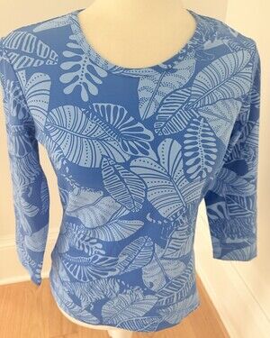 J. MCLAUGHLIN Signature Tee Sahara Palm Blue Women S Catalina Cloth 3/4 Sleeve